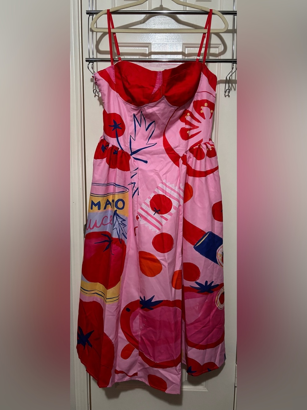 NWOT Pink and Red Printed Midi Dress with Slim Straps
